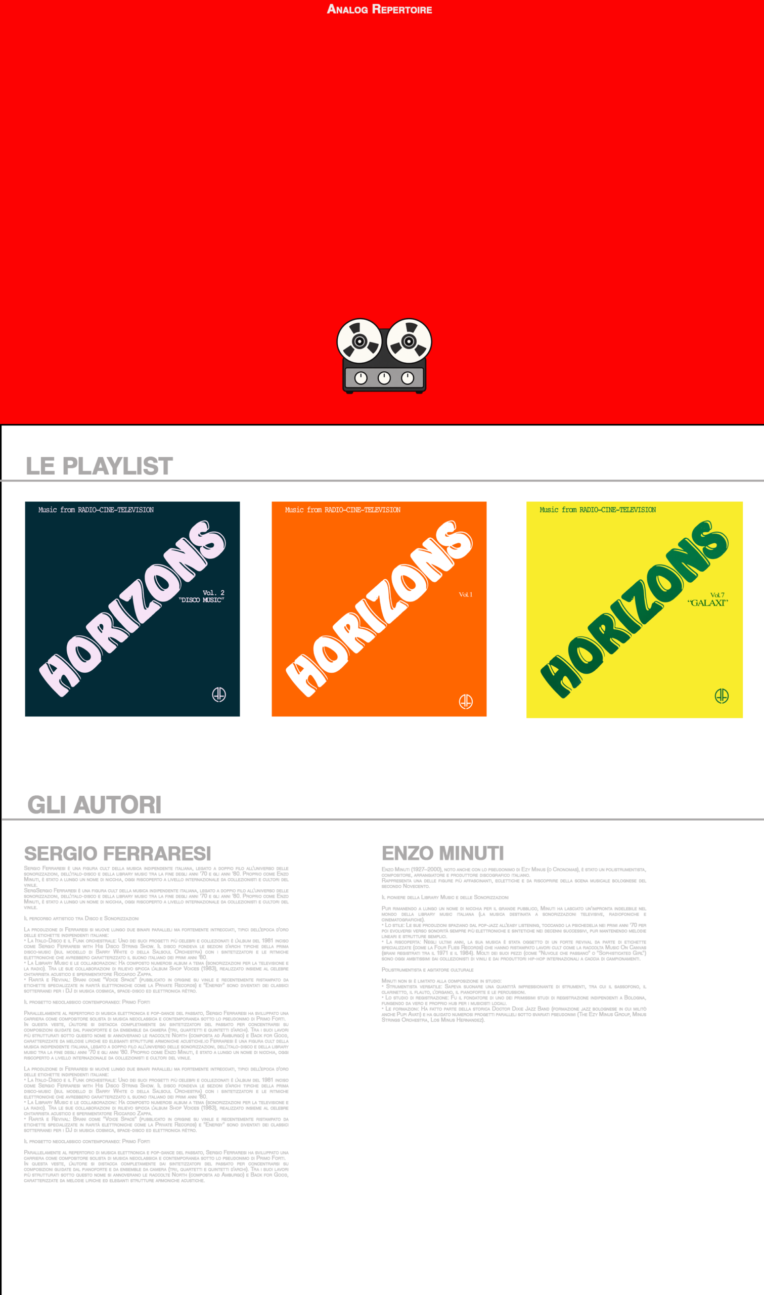 Bozza della pagina Analog Repertoire con playlist e autori del catalogo